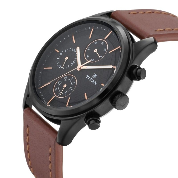 Titan Quartz Multifunction Black Dial Leather Strap Watch for Men 1805NL01 - Image 2