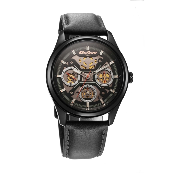 Titan Octane Quartz Multifunction Black Dial With Black Leather Strap Watch For Men - Image 2