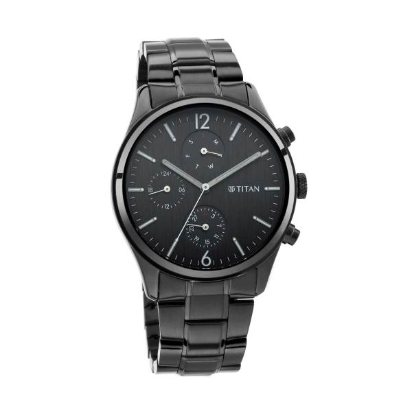 Titan Quartz Multifunction Black Dial Metal Strap Watch for Men - Image 2