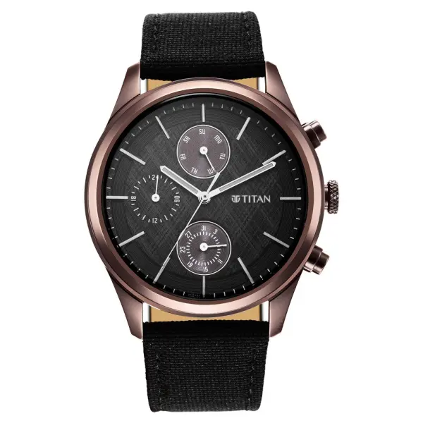 Titan Men's Infinity Chrono watch: Precise Blue Dial, Rose Gold Highlights, Durable Leather Strap - Image 2