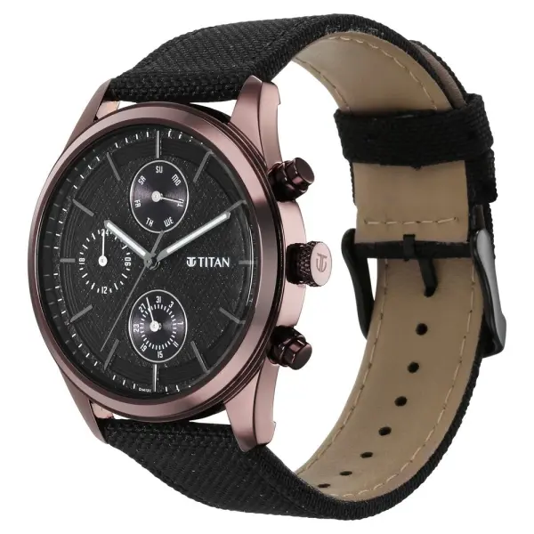 Titan Men's Infinity Chrono watch: Precise Blue Dial, Rose Gold Highlights, Durable Leather Strap - Image 3