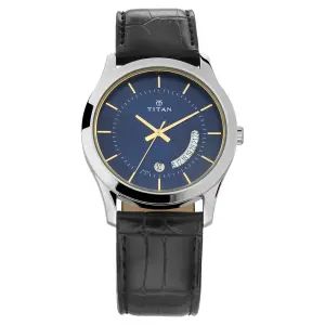 Titan Blue Dial Analog with Date Leather Strap watch for Men 1823SL01