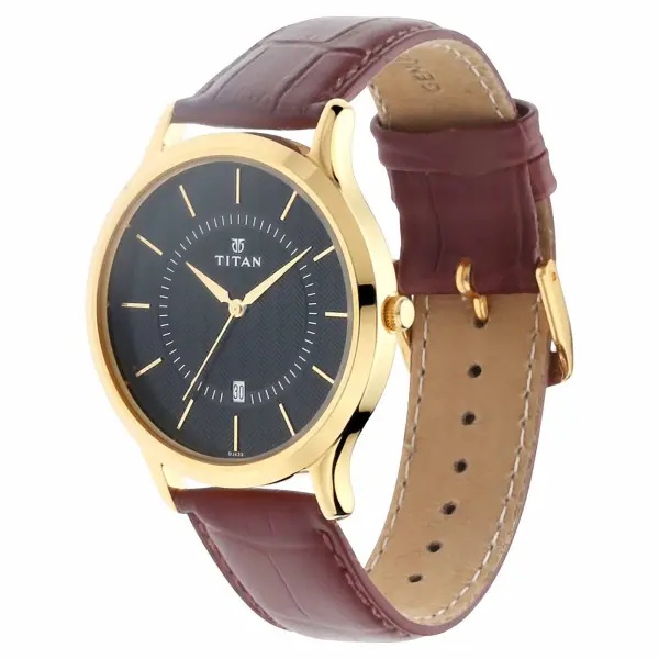 Titan Quartz Analog with Date Black Dial Leather Strap Watch for Men - Image 2