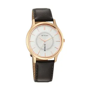 Titan Lagan White Dial Analog Day/Date Leather Strap Watch for Men