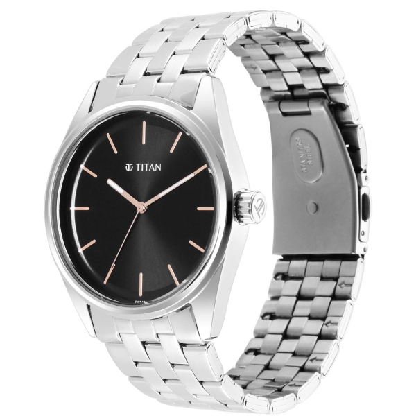 Titan Quartz Analog Black Dial Stainless Steel Strap Watch for Men - Image 2