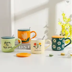 KOJA Ceramic Creative Tulip Ins Style Cute Couple Water Mug With Lid & Spoon