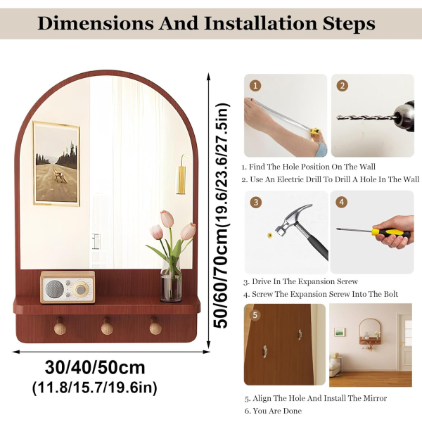 Domed Mirror Shelf Wooden Frame Wall Mirror Arched Wall Mount Decorative Storage Vanity Mirror for Bedroom Entrance Living Room Hallway 30x50cm - Image 2
