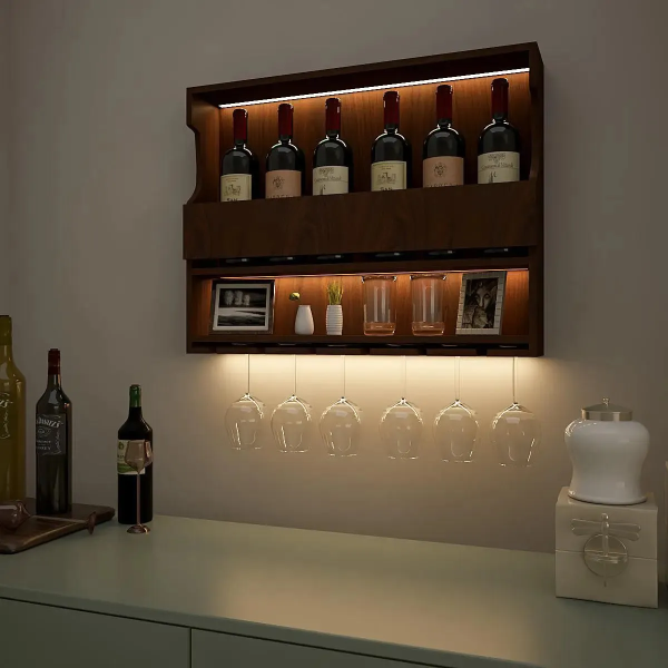 Big Wine And Drinks Decorative Wooden Wall Shelf Mini Bar Cabinet with LED Strong and Wall Hanging in Walnut Finish - Image 6