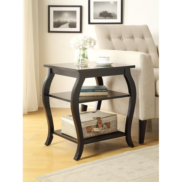 Curvy Legs Square Wooden Top End Table with 2 Shelves Bed Sofa Side Home Office Elegant Table In Black - Image 2