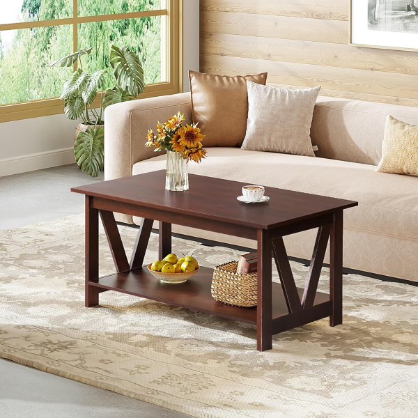Veera Coffee Table for Living Room, 40" Center Table with V-Frame Support & Storage Shelf, 2-Tier Wood Coffee Tables for Bedroom & Balcony - Image 2