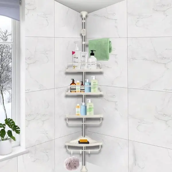 Telescopic 4 Tier Adjustable Shower Corner Bathroom Shelf Caddy Organizer (White) - Bathroom Storage Rack | - Image 3