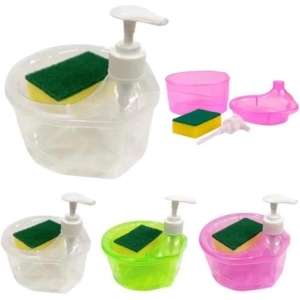 2 in 1 1000 ml Liquid Soap Dispenser with Sponge Holder for Kitchen Sink, Bathroom Counter Storage and Organization, Dish Washing (Transparent)