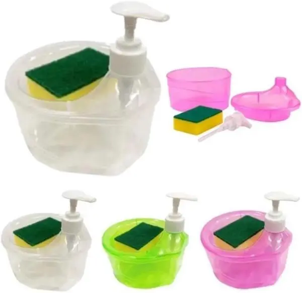 2 in 1 1000 ml Liquid Soap Dispenser with Sponge Holder for Kitchen Sink, Bathroom Counter Storage and Organization, Dish Washing (Transparent)
