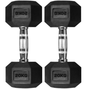 20 Kg Rubber Hex Dumbbells (Pair) Set Of 2 Hexa Rubber Dumbbell With Metal Handles, Pair Of 2 Heavy Dumbbells 20 Kg Each Dumbell Total 40 Kg