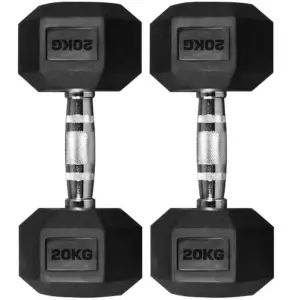 20 Kg Rubber Hex Dumbbells (Pair) Set Of 2 Hexa Rubber Dumbbell With Metal Handles, Pair Of 2 Heavy Dumbbells 20 Kg Each Dumbell Total 40 Kg