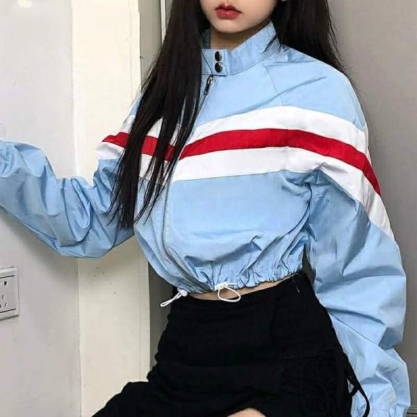 2021 Spring Autumn Panelled Strip Patchwork Bomber Women Jackets Stand Collar Long Sleeve Drawstring Waist Zipper Crop Tops. - Image 2