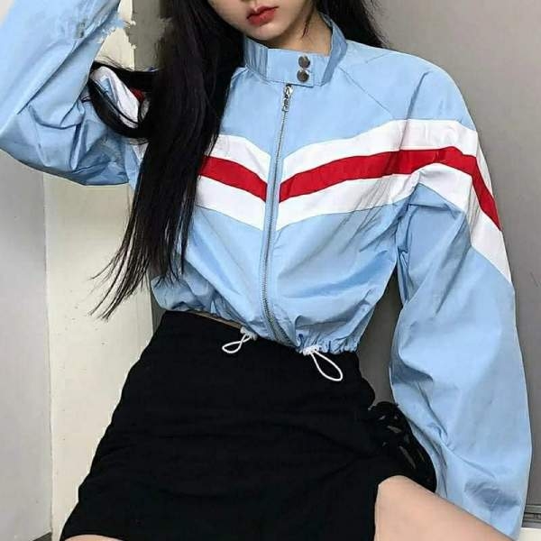 2021 Spring Autumn Panelled Strip Patchwork Bomber Women Jackets Stand Collar Long Sleeve Drawstring Waist Zipper Crop Tops. - Image 3
