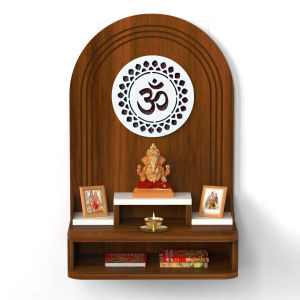 Roval Temple Wooden Home and Office Mandir Wall Mounted Pooja Stand Simple and Beautiful for Standard Frame and Idol with Removable Plank in Brown and White
