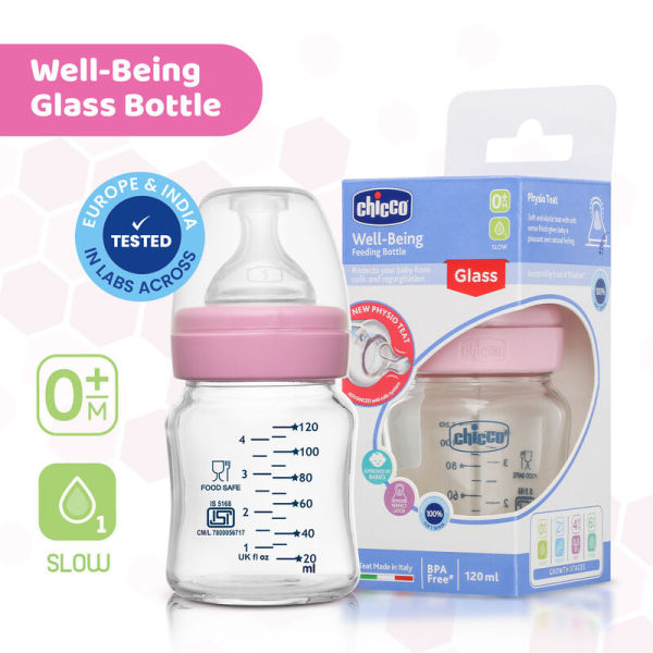 Chicco Well-Being Glass Feeding Bottle (120ml, Slow Flow) - Image 2