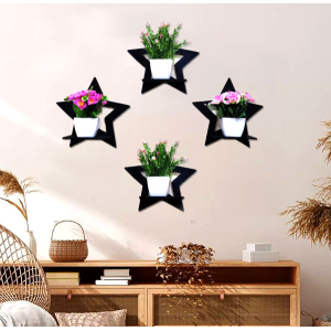 Ressence Star Shelf Wooden Beautiful Aesthetic Design Wall Decor Art and Shelf Rack In Black Pack Of 4 Pc