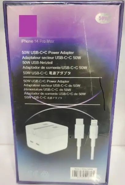 50W Dual USB-C Port Uk Pin Charger With TC To Ip Cable