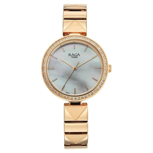 Titan Raga Mother of Pearl Dial Rose Gold Metal Strap Analog Watch For Women