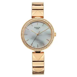 Titan Raga Mother of Pearl Dial Rose Gold Metal Strap Analog Watch For Women
