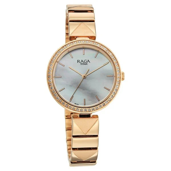 Titan Raga Mother of Pearl Dial Rose Gold Metal Strap Analog Watch For Women - Image 2