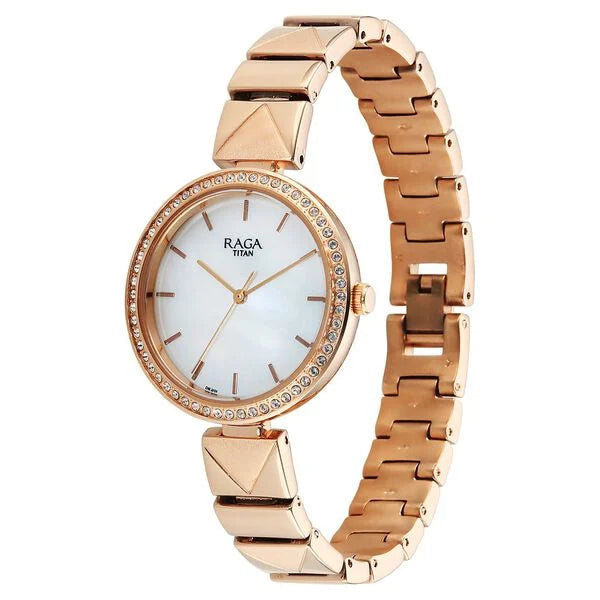 Titan Raga Mother of Pearl Dial Rose Gold Metal Strap Analog Watch For Women - Image 3