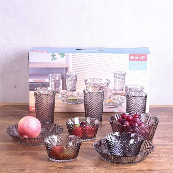 NepLiving Transparent Stripe Glass Bowl and Glasses for Home, Restaurants (850ml*1, 400ml*3, 19.2cm*2, 350ml*3) - Image 2