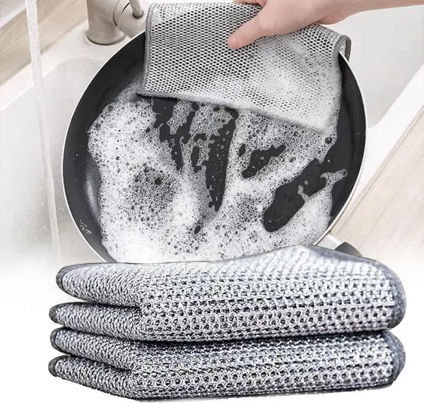 Redclip Multifunctional Non-Scratch Wire Dishcloth, Silver Wire Mesh Knit Cleaning Cloth Wire Dishwashing Rags Wire Cleaning Cloth Wire Dish Towels for Kitchen, Sinks, Pots, Pans 5pc set (30cm*30cm)
