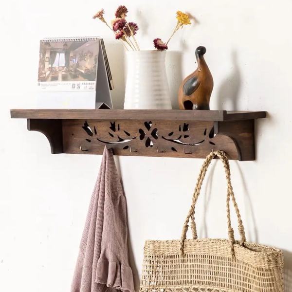 Wooden Shelf with Hanger Wall Mounted Bedroom, Bathroom, Living Room Shelves, with Hooks, Kitchen Decor Shelf 2pc - Image 2