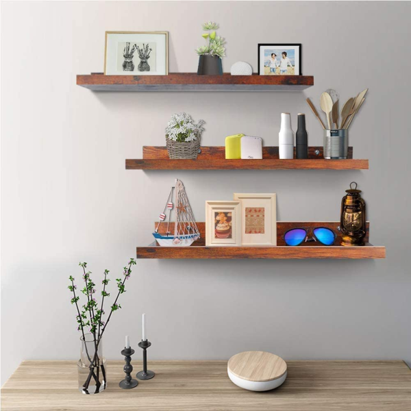 3PC Floating Wall Mount Shelves Living Room & Bedroom Wall Decoration, Multipurpose Shelf in Brown (2ft) - Image 4