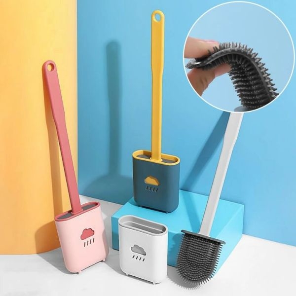Flat Toilet Brush with Holder Silicone Toilet Bowl Cleaner Brush with Caddy Flexible Non-scratch TPR Bristles for Bathroom Easy Under Rim Cleaning - Image 3
