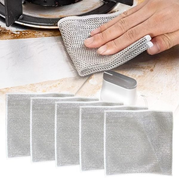 Redclip Multifunctional Non-Scratch Wire Dishcloth, Silver Wire Mesh Knit Cleaning Cloth Wire Dishwashing Rags Wire Cleaning Cloth Wire Dish Towels for Kitchen, Sinks, Pots, Pans 5pc set (30cm*30cm) - Image 2