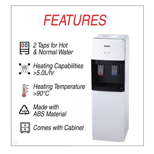 BALTRA Standing Water Dispenser | Claro | 2 taps for hot & normal water | Heating capability: 5 L/hr | Heating temperature: 90°C | Made with ABS material | Comes with a cabinet | 550 W | 12 Months warranty - Image 3