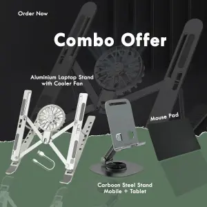3-in-1 Laptop Aluminum Folding Stand with Cooler + 360° Metal Mobile Stand + Gaming Mouse Pad– Premium Combo