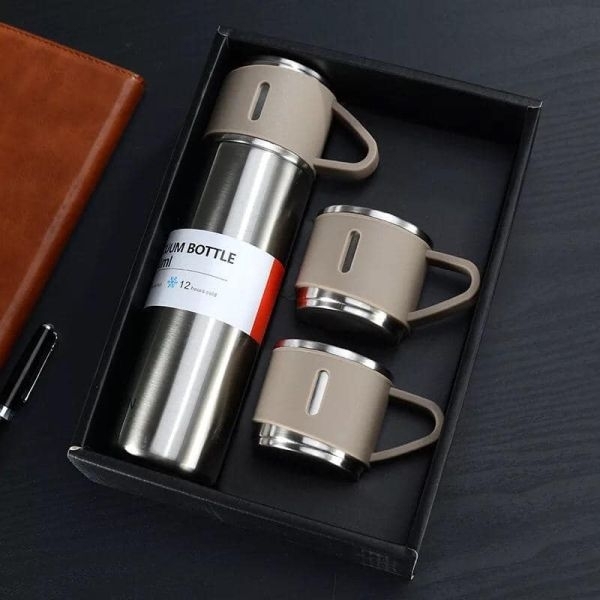3 In 1 Vacuum Insulated Thermo Thermos Flasks Bottle 500ml With 3 Cups Gift Set - Image 3