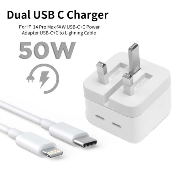 3 Pin UK Pin 50W TC Port Power Adapter With TC TO Lightinning Cable - Image 2