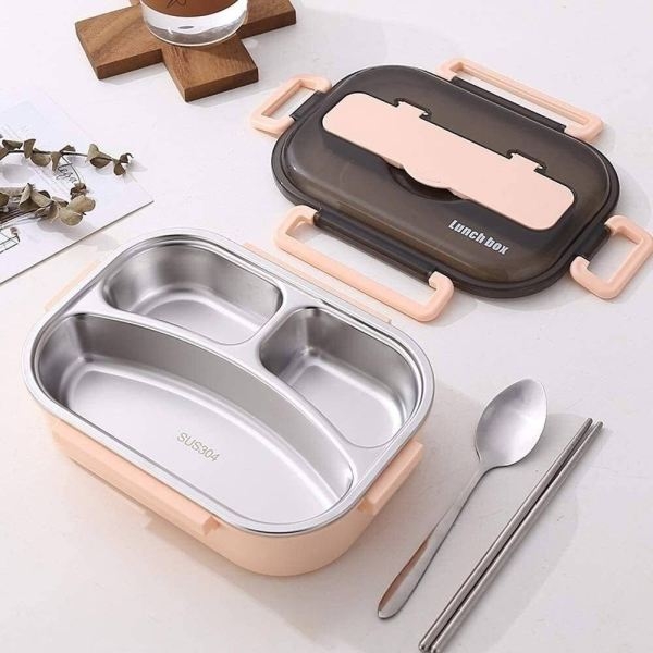 PRIME DEALS Lunch Box Sealed Leakage Proof Stainless Steel Lunch Box with Chopstick & Spoon Lid Office Food Container 3 Compartment for School Kids and Adults - Image 2