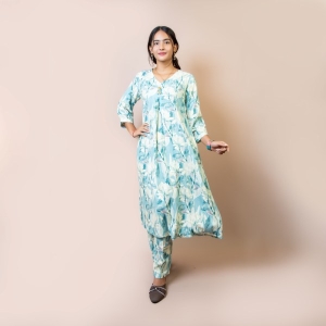 Bisesh Creation Skyblue Single Button Umbrella Kurtha Pant Set Printed For Women