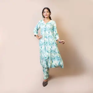 Bisesh Creation Skyblue Single Button Umbrella Kurtha Pant Set Printed For Women