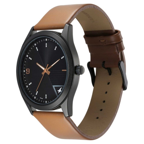 Fastrack Stunners Quartz Analog Black Dial Brown Leather Strap Watch For Guys - Image 3