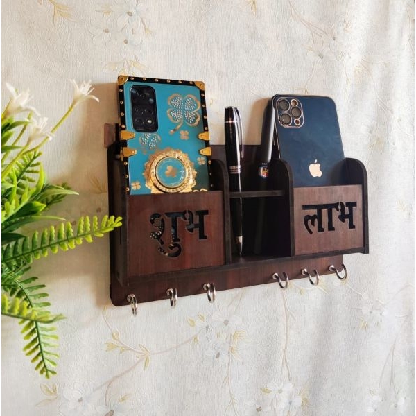 Subh Labh Wooden 6 Hook Key Holder Home Office Decor in Brown - Image 3