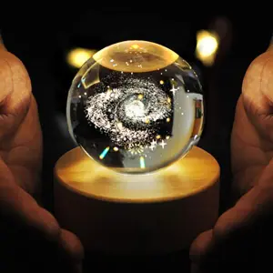 Starry Galaxy LED Night Light Crystal Ball Lamp with Durable Plastic Body and Elegant Wooden Base