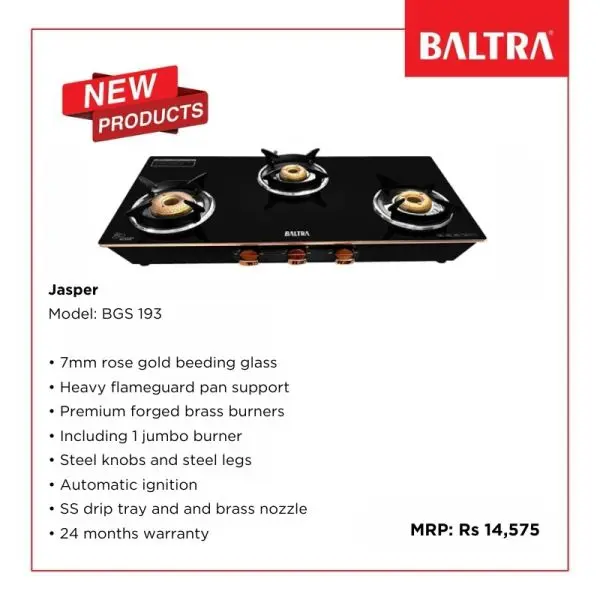 BALTRA Gas Stove | Jasper | BGS 193 | 7mm rose gold beeding glass | Heavy flameguard pan support | Premium forged brass burners | Including 1 jumbo burner | SS knobs & SS legs | Automatic ignition | SS drip tray & and brass nozzle | 24 months warranty - Image 2