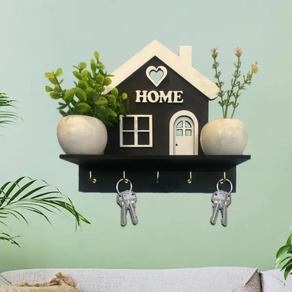 White Home with Long Base Wooden Wall Key Hanger, Beautiful and Simple Design Cute Home Cutout Wall Decor with 5 Hooks - Image 2