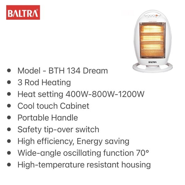 BALTRA Halogen Heater Dream 1200 Watts 3 Rod Heater BTH 134 - Image 3