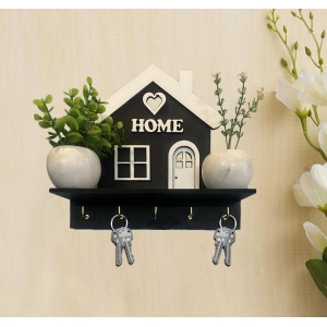 White Home with Long Base Wooden Wall Key Hanger, Beautiful and Simple Design Cute Home Cutout Wall Decor with 5 Hooks
