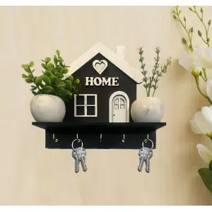 White Home with Long Base Wooden Wall Key Hanger, Beautiful and Simple Design Cute Home Cutout Wall Decor with 5 Hooks